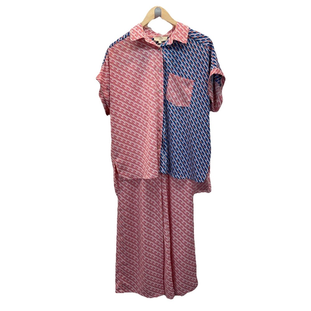 Entro Color block abstract satin Top And Pant Set Size S‎ drawstring button up